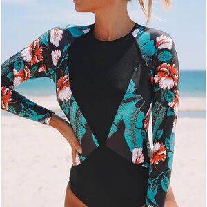 Floral Print Patchwork Sun Shield One Piece Rashguard
